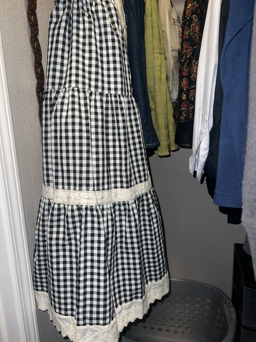 SHEIN Black & White Gingham Tiered Maxi Skirt with Lace Trim